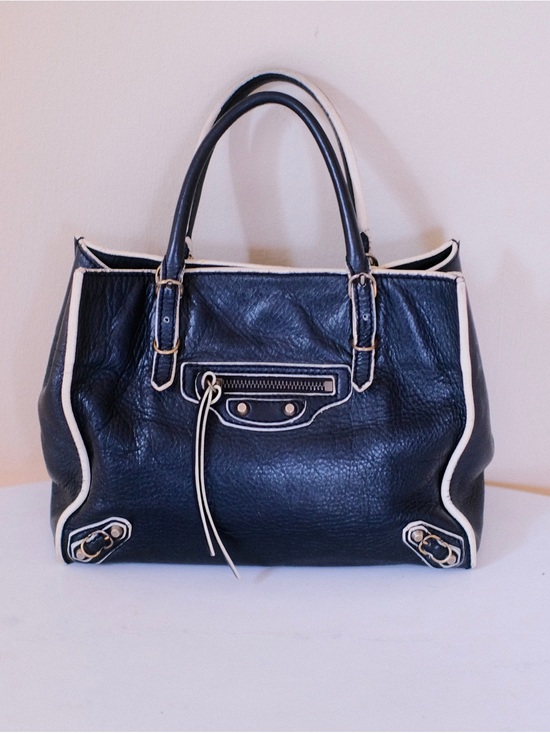 Balenciaga Handbags - Balenciaga Classic Black Leather Shoulder Bag with Cream Trim
